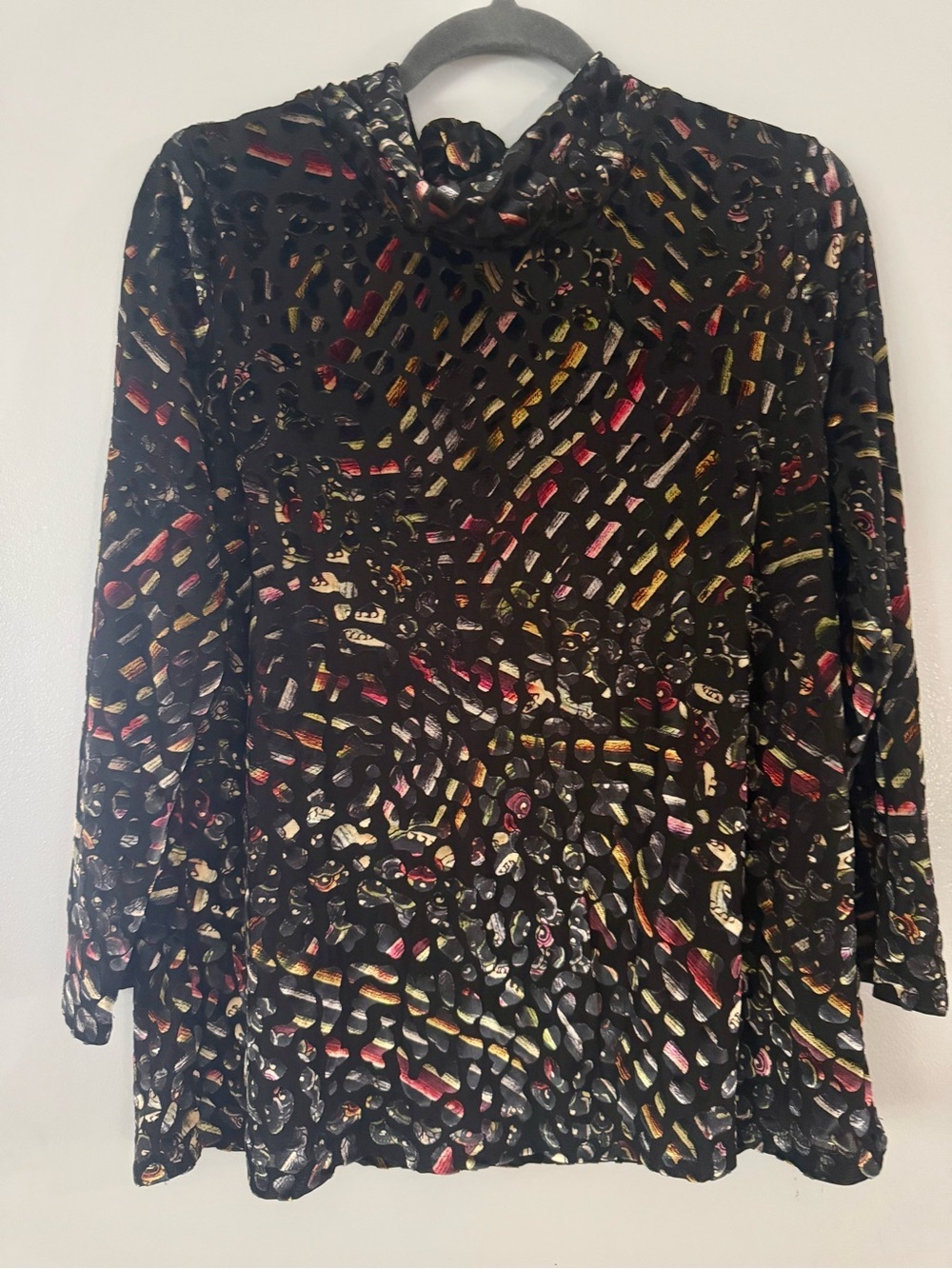 Abstract Burnout Velvet Cowl Neck Tunic Blouse Black Multi Large